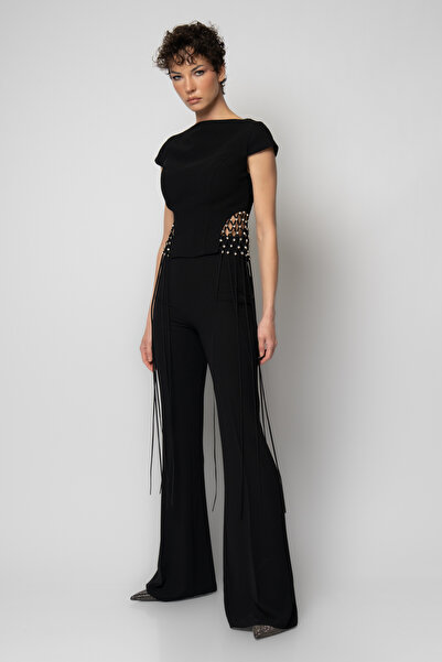 RENGIN Beli kafesli saçaklı üst krep pantolon ikili abiye takım