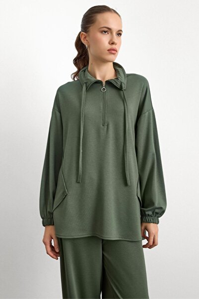 Olcay Gestricktes Sweat-Set mit Reißverschluss und Kup-Detail HAKI 9385-TK