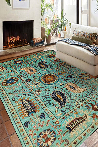 KONUKHOUSE Yeşil Afgan Uşak Halısı Vintage El dokuma Görünümlü Dekoratif İnce...