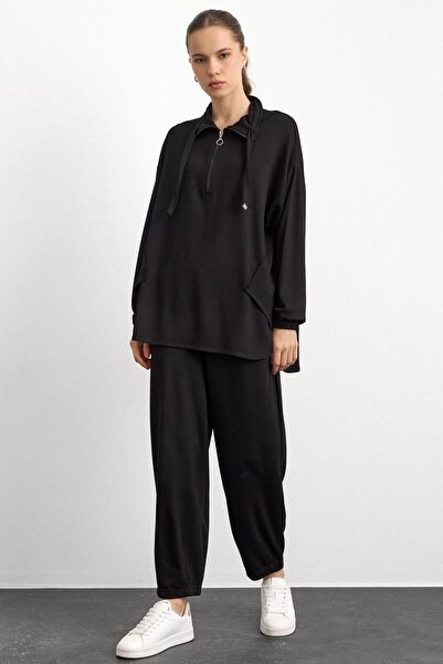 Olcay Knitted Sweat Suit with Zipper and Cup Detail Black 9385-Tk