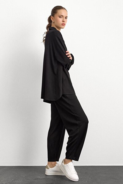 Olcay Knitted Sweat Suit with Zipper and Cup Detail Black 9385-Tk