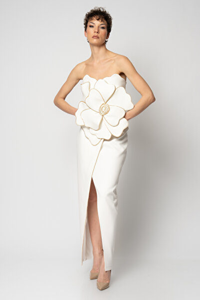 RENGIN Göğüs ortası büyük çiçekli fermuar detaylı krep abiye elbise