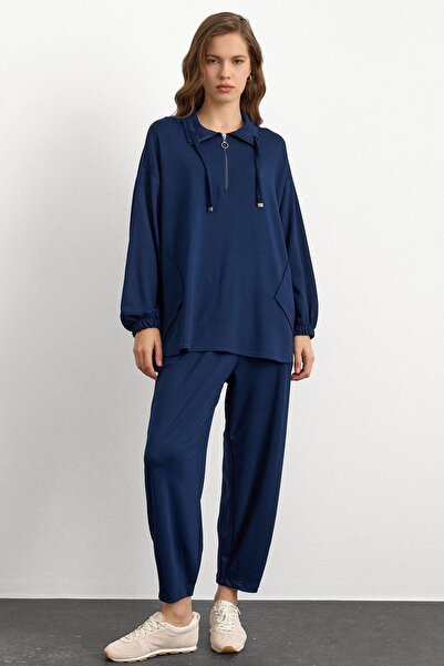 Olcay Knitted Sweat Suit with Zipper and Cup Detail Dark Blue 9385-Tk