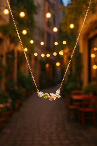 Soleildor Kelebek Aile Doğum Taşı Gümüş Kolyesi