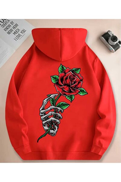 ORVIO Group Women's Skeleton Hand and Rose Printed Hooded Hoodie