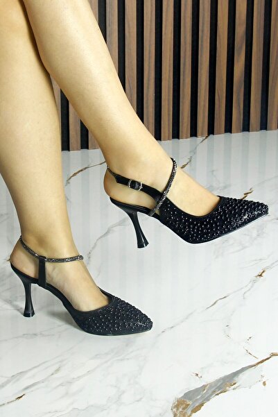 Erkan Saçmacı Perola Black Satin Stone Pearl Open Back Pointed Toe Thin Heeled Evening Dress Shoes