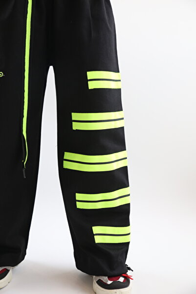 Hippie Hop Siyah -Neon Yeşil Pantolon KIZ, ERKEK Çocuk Pantolonu Beli Lastikli Bol Paça Hip Hop Kargo Pantolon