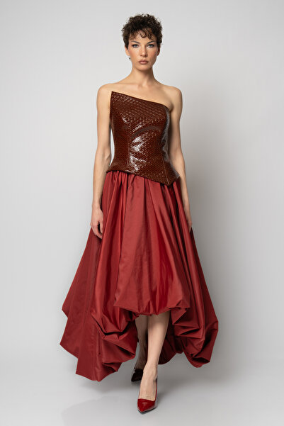 RENGIN Deri büstiyerli tafta balon etekli abiye elbise