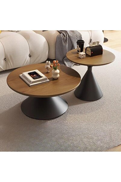 ESMART Set of 2 Round Brown & Black Coffee Table 70cm+50cm, Solid Wood Tops & Carbon Steel Base