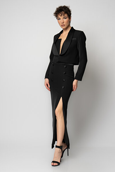 RENGIN Göğsü V dekolteli belden pileli elbise krep ceketli abiye ikili takım