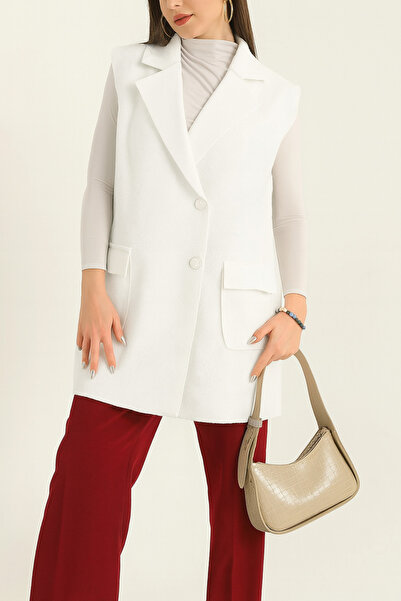 VıoShıne Kadın Kruvaze Yaka Düğmeli Uzun Buklet Kaşe Yelek