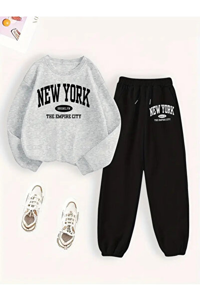 AEMİ Hanorac și pantaloni de sport pentru femei, cu imprimeu New York, cu gât...