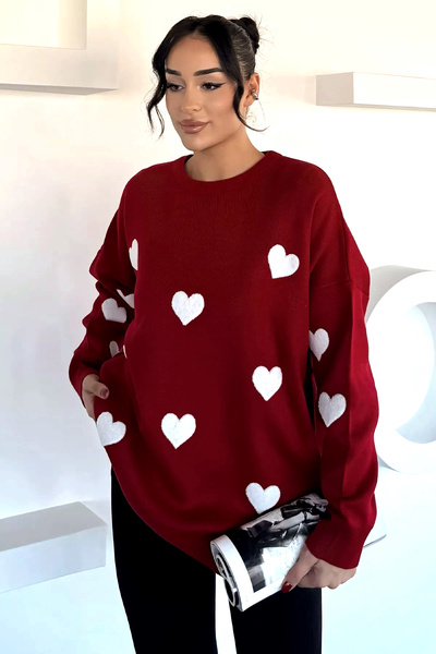 Jose Clothing Pulover de damă, alb, cu broderie de inimă, cu croiala supradimensionată