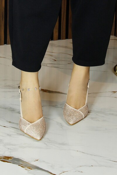 Erkan Saçmacı Sacha Premium Ten Crepe Stone Open Back Pointed Toe Thin Heeled Evening Dress Shoes