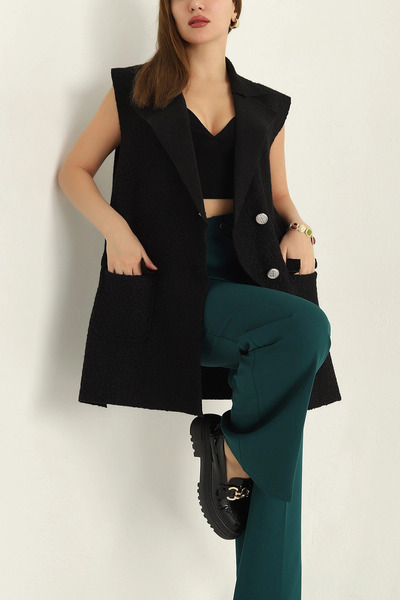 VıoShıne Kadın Kruvaze Yaka Düğmeli Uzun Buklet Kaşe Yelek