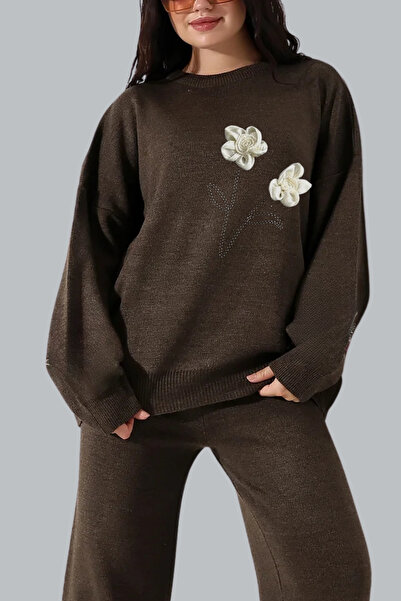 mefru Women's Sweater Trousers Rose Detailed Bottom Top Double Knitwear Set