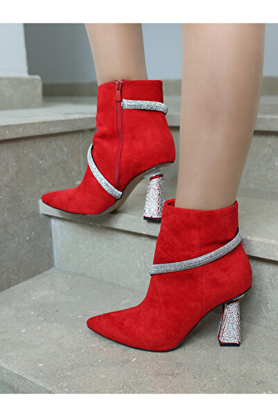 EVASAMLİSHOESBAG Silver Taş Yatay Zincirli Topuklu Bot Kırmızı