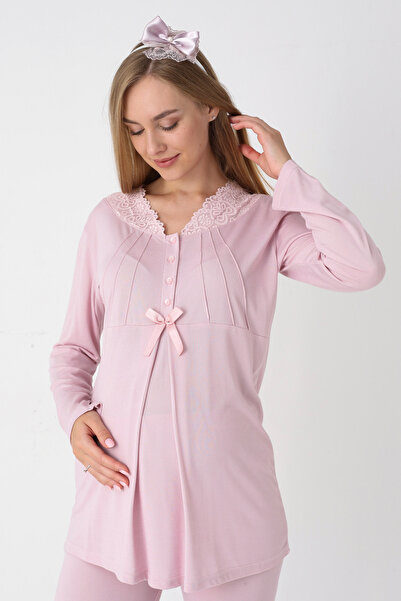 ERDENİZ TEKSTİL Maternity and Pregnancy Pajamas and Jacquard Striped Robe Set Front Buttoned Long Sleeve Sleepwear 3-Piece Set