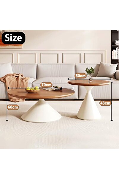ESMART Set of 2 Round Brown & White Coffe Table 70cm+50cm, Solid Wood Tops & Carbon Steel Base