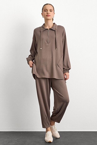 Olcay Knitted Sweat Suit with Zipper and Cup Detail Vi̇zon 9385-Tk