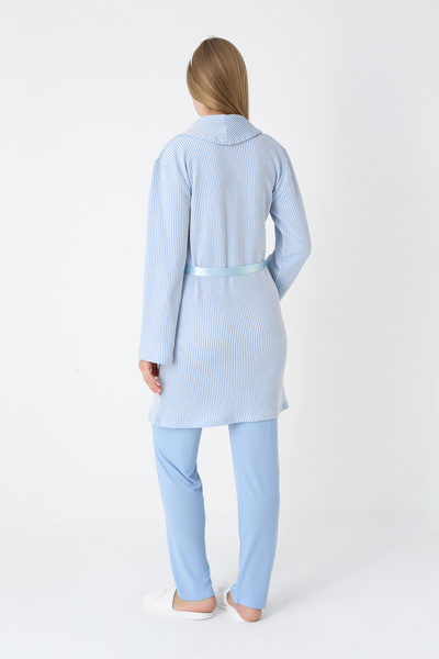 ERDENİZ TEKSTİL Lohusa ve Hamile Pijama ve Jakarlı Çizgili Sabahlık Takımı Önü Düğmeli Uzun Kollu Pijama 3'lü Takım