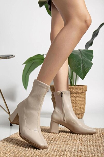 Büşra Sultan Ayakkabı & Çanta Kadın Bej Küt Burun Streç Bot