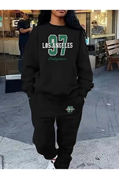 AEMİ Women's 97 Los Angeles Printed Crew Neck Sweatshirt and Jogger Sweatpants - Bottom Top Set