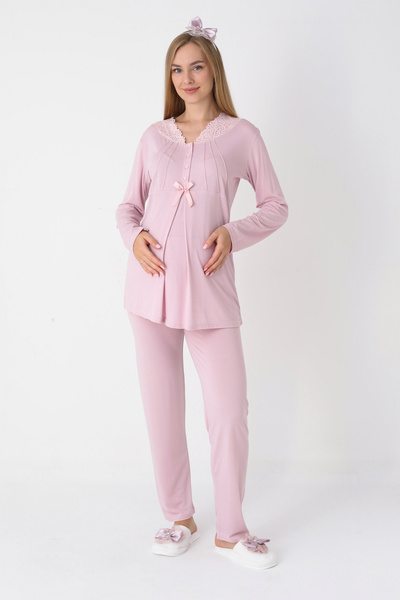ERDENİZ TEKSTİL Maternity and Pregnancy Pajamas and Jacquard Striped Robe Set Front Buttoned Long Sleeve Sleepwear 3-Piece Set