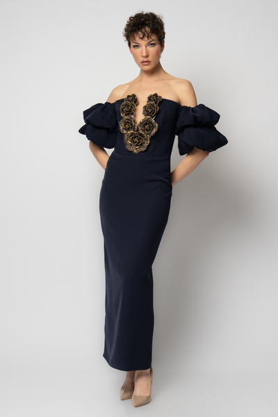 RENGIN Göğsü sıralı çiçekli balon kollu krep abiye elbise