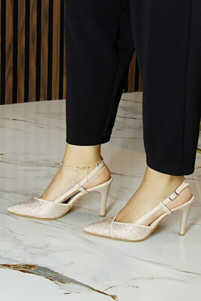 Erkan Saçmacı Sacha Premium Ten Crepe Stone Open Back Pointed Toe Thin Heeled Evening Dress Shoes