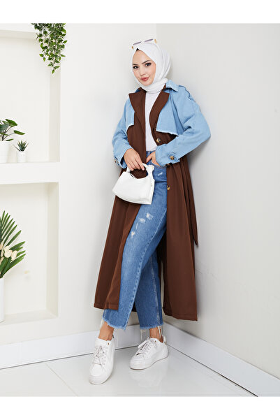 EFSUN MODA KADIN DENİM ( KOT ) DETAYLI TRENÇKOT ASTARSIZ