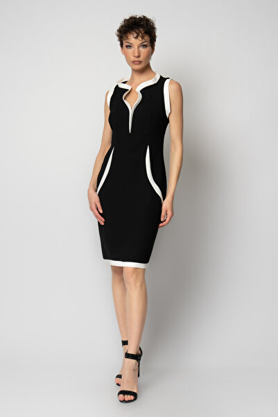 RENGIN Biyeli dik yakalı kolsuz krep abiye elbise