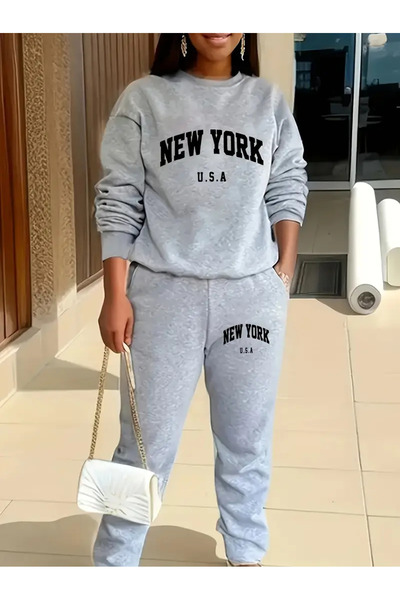 AEMİ Hanorac și pantaloni de sport pentru femei, cu imprimeu New York, cu gât...