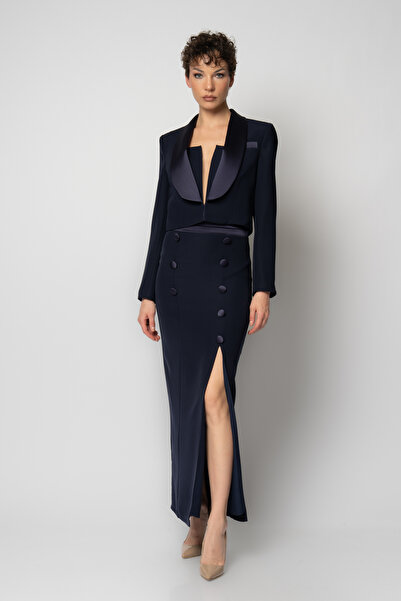 RENGIN Göğsü V dekolteli belden pileli elbise krep ceketli abiye ikili takım