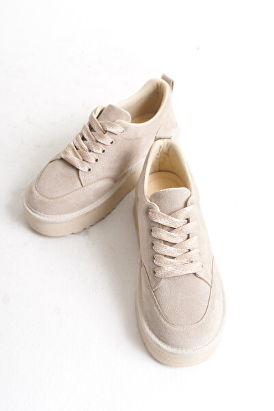 Solo Bag Kalın Taban Bağcıklı Süet Ortopedik Bej Günlük Kadın Spor Ayakkabı