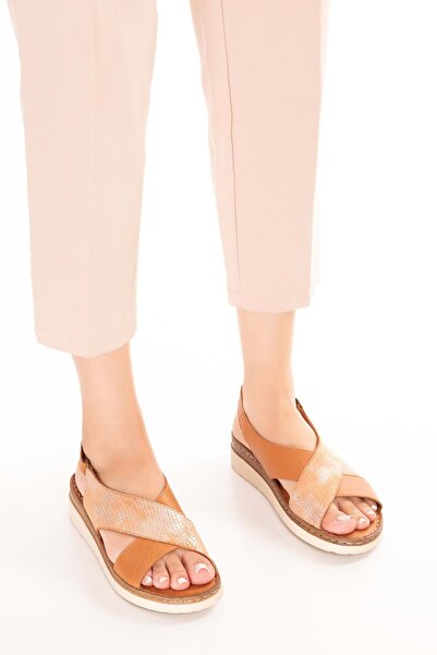 Gondol Hakiki Deri Kısa Topuklu Çapraz Sandalet asy.812 Taba Yılan