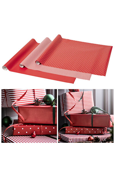 IKEA Vinterfint Kırmızı Çizgili Nokta Desen 3 Lü Set Rulo 9 Mt Hediye Paketi Kağıdı Ambalaj Kağıdı Kağıt