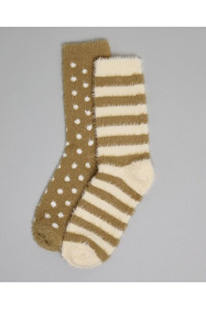 R&B جوارب شتوية مطبوع للنساء باللون الكاكي، عبوة من قطعتين