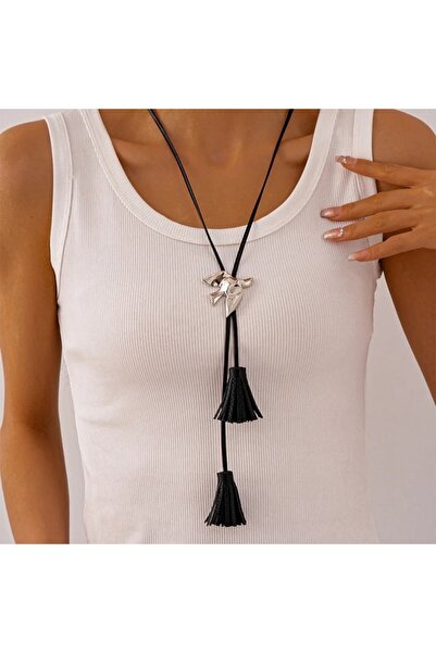 KESNUP Statement bolo tie necklace with dove pendant and black tassels, metal...