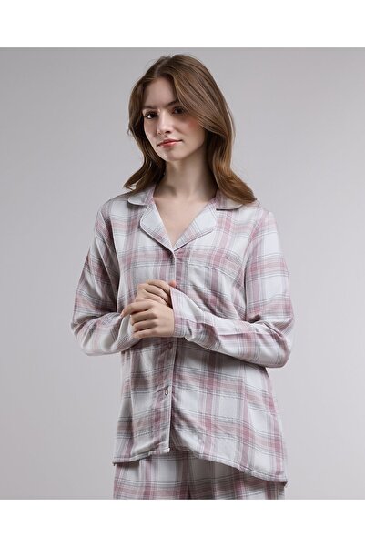R&B Off White Women's Plaid Lapel Collar Pyjama Set