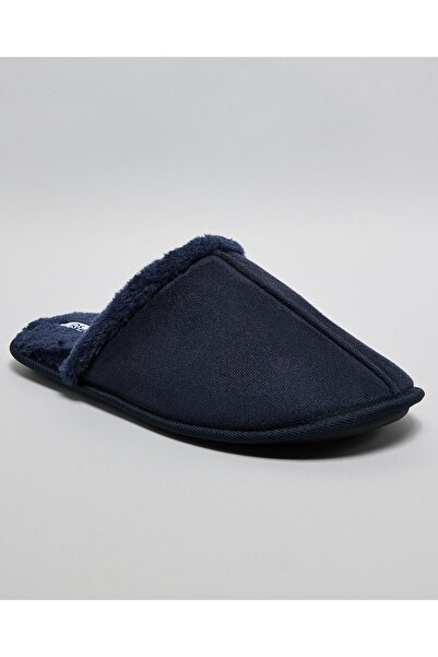R&B Navy Blue Men's Fur Detail Bedroom Slippers