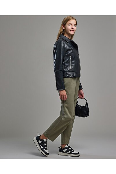 R&B بنطلون منسوج سادة مع زر للإغلاق