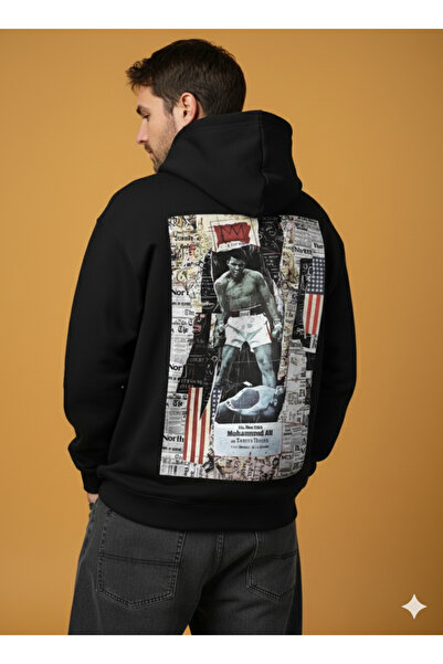 By Caspita Fashion Lenithra Muhammed Ali Sırt Baskılı Unisex Oversize Siyah Hoodie