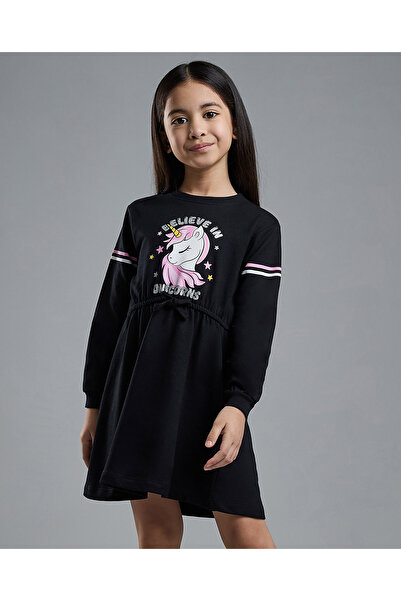 R&B Unicorn Print Knit Dress with Crew Neck and Long Sleeves