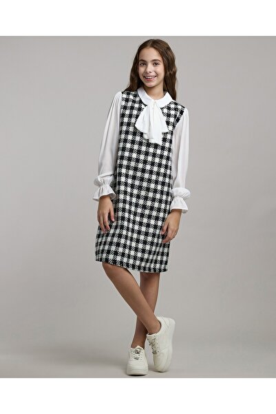 R&B Checkered A-Line Dress with Tie-Up Neck and Long Sleeves