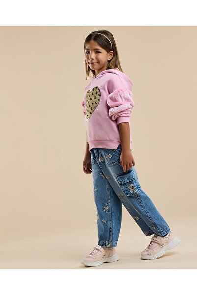 R&B بنطال جينز كارغو مطرز بأزرار للإغلاق