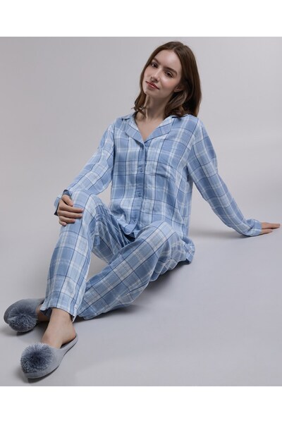 R&B طقم بيجامة نسائي أزرق فاتح بياقة مربعة وصدرية