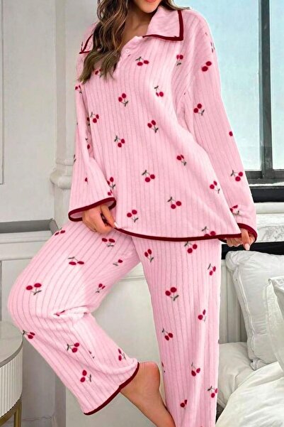 BELLA NOTTE Pamuklu Kiraz Baskılı Biyeli Kışlık Pijama Takımı