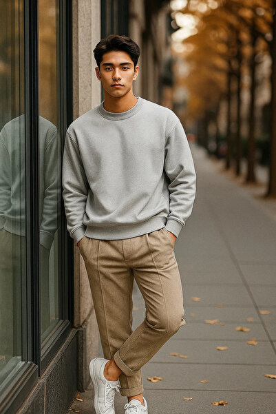 COMBİNE MİCHAİL Men's Casual Basic Gray Loose Sweater