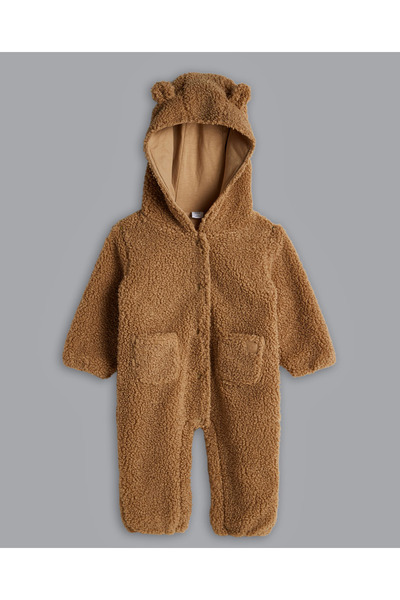 R&B بدلة نوم بغطاء رأس من بغطاء رأس الشيربا للأولاد باللون البيج